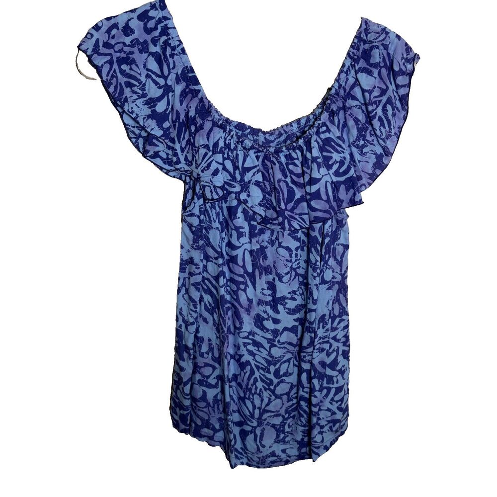 Blue Ginger Top Women's Small Colorful Hawaiian Short Sleeve Off the Shoulder